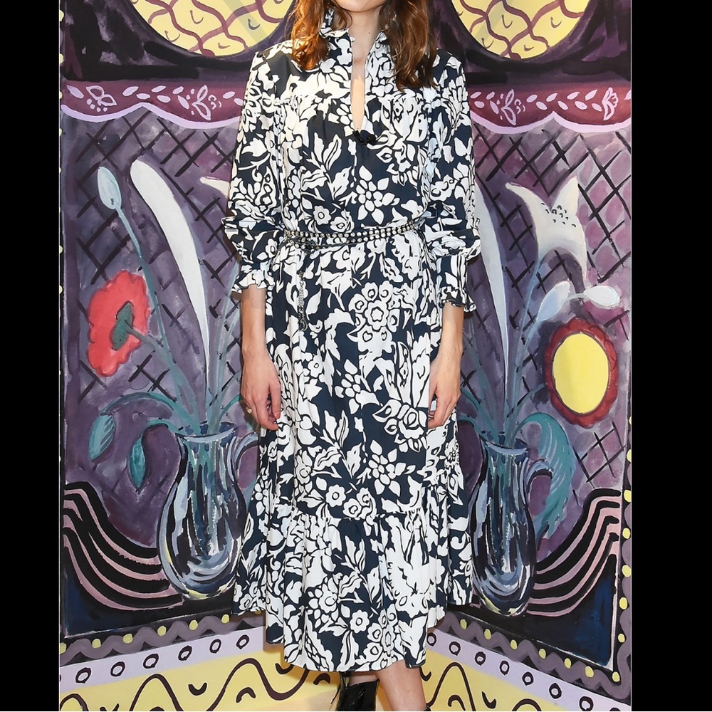 Alexa Chung Floral Navy and White Midi Dress Poplin Long Sleeve Ruffle Collar